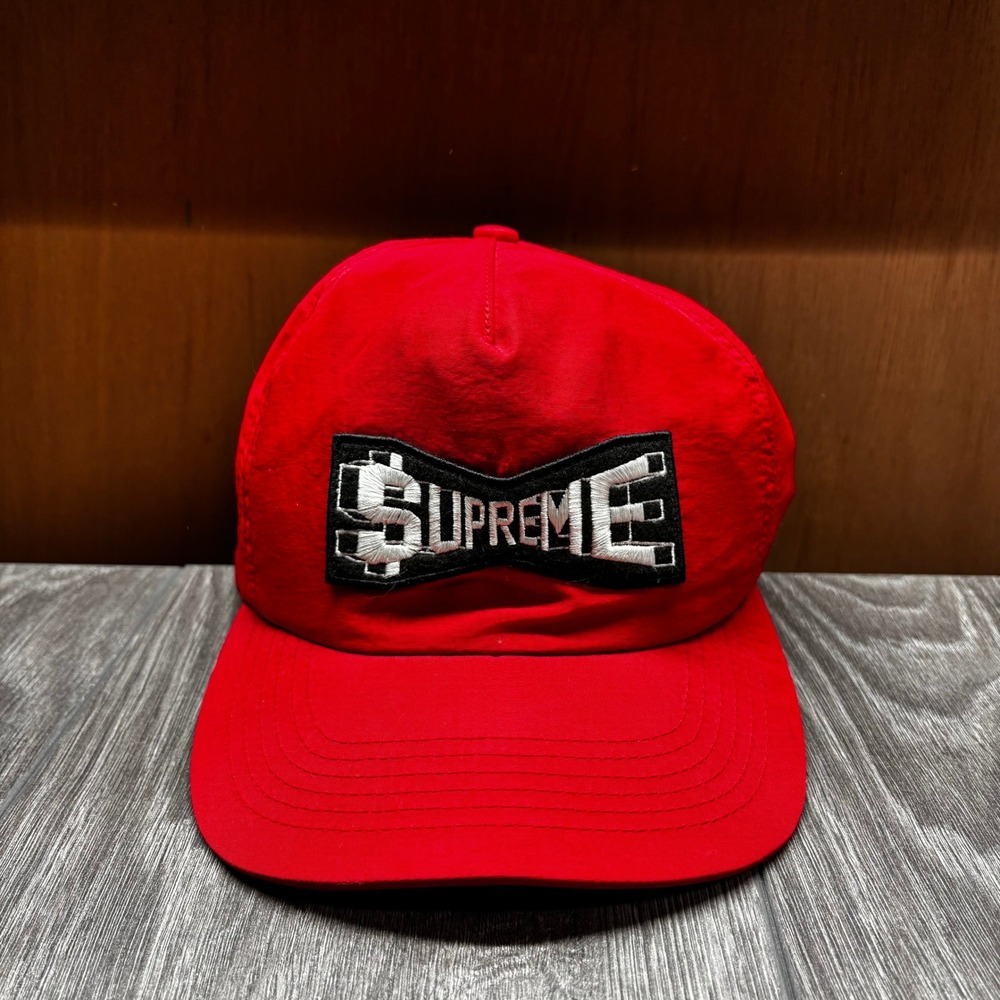 Supreme Red Nylon Snapback Hat Embroidered Bow Logo 5-Panel Cap Made in USA